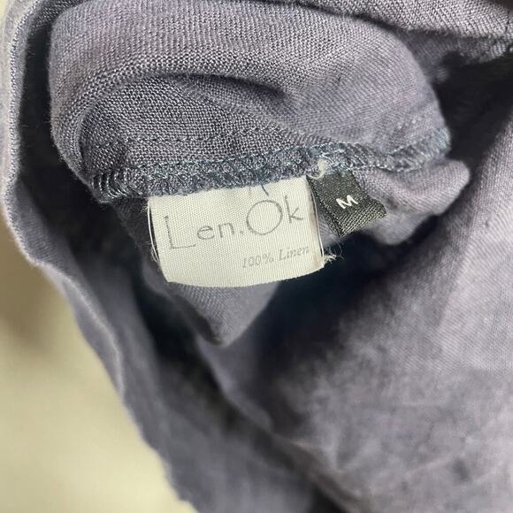 Len. Ok Size Medium Linen Mini Shift Dress Steel Blue V Neck Belted Short Sleeve - Picture 6 of 7